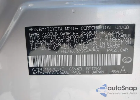 2008 Lexus Es 350 из США, поврежденный, VIN JTHBJ46G382245956